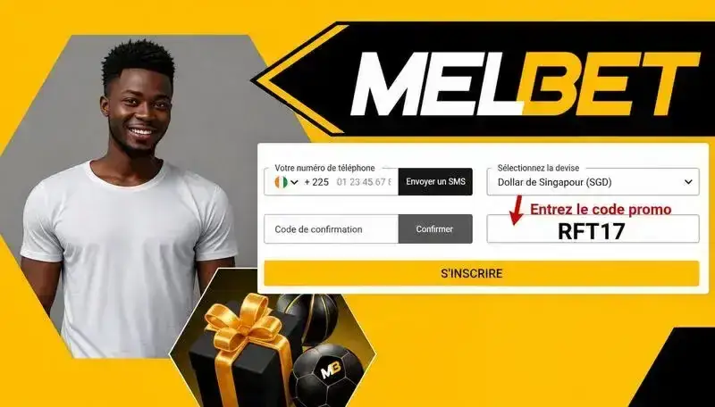 Melbet promo code Nigeria 2026 — sign-up screen with code RFT17